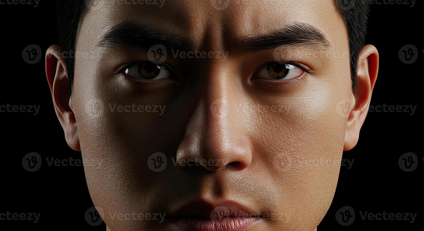 Intense Asian Man's Face Shows Determination and Focus in Dark Studio Shot photo