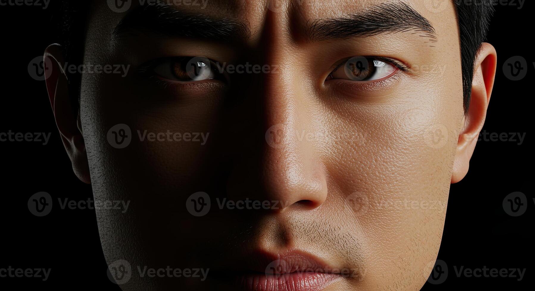 Intense close-up portrait of a handsome Asian man with a serious expression photo