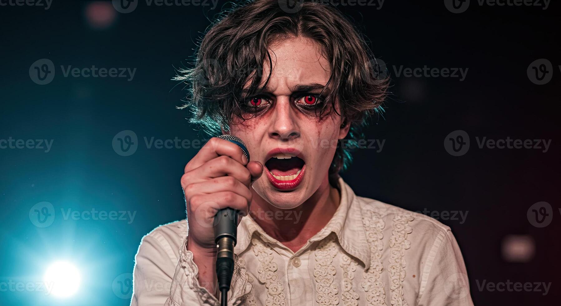 Intense male singer with red eyes performing on stage with microphone photo