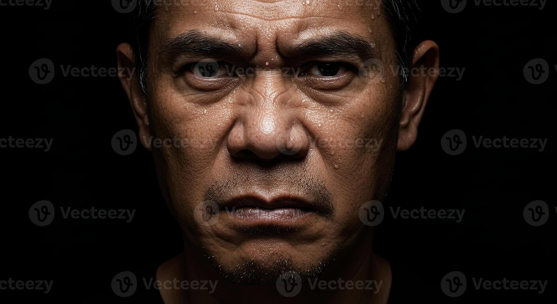 Intense portrait of a determined middle-aged Asian man with a sweaty face photo