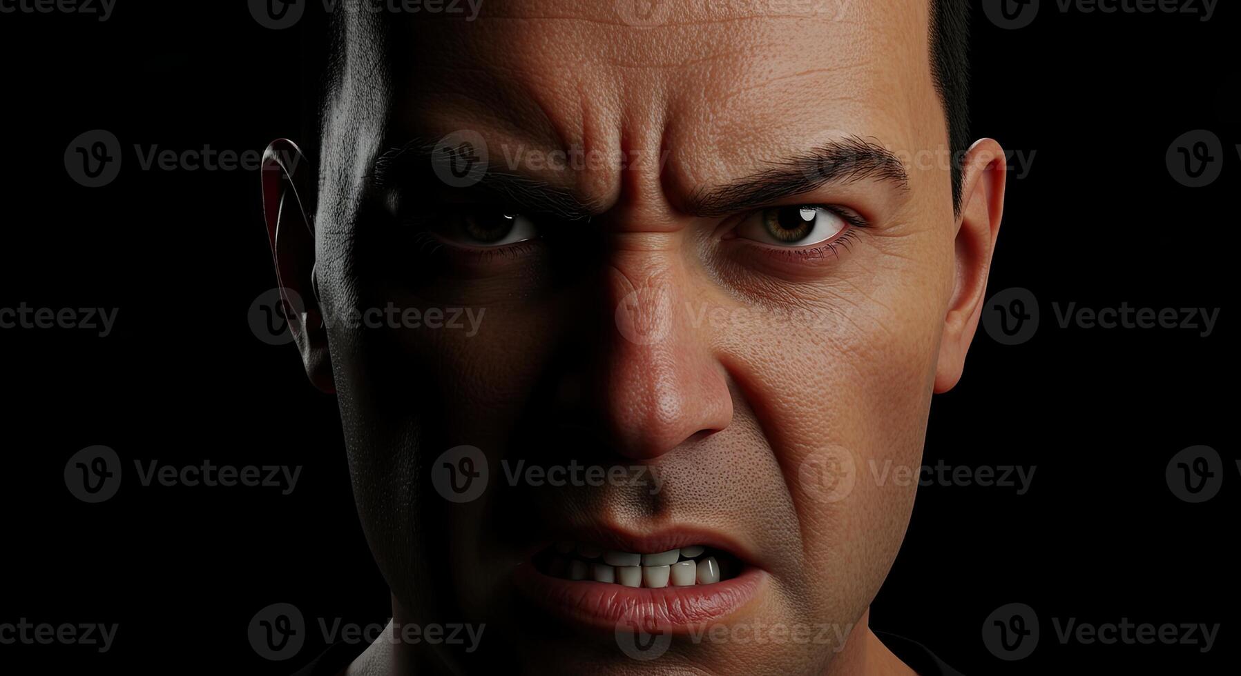 Intense portrait of an angry man with furrowed brow and clenched teeth photo