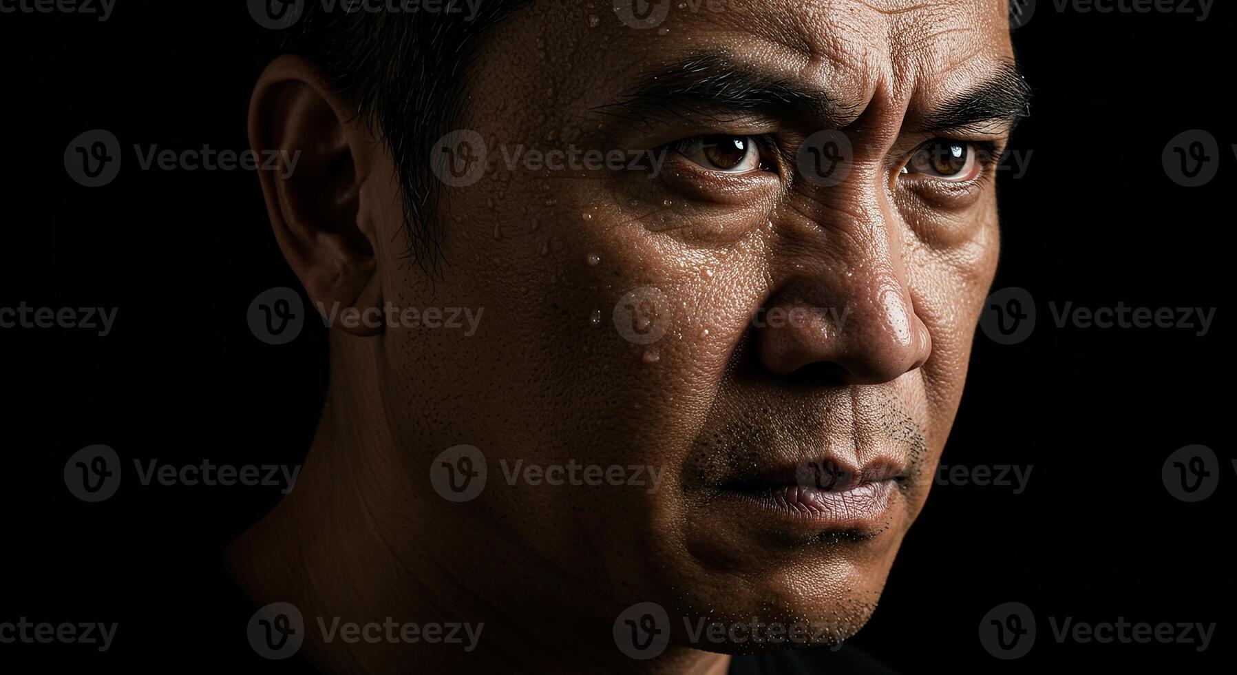 Intense portrait of determined middle aged Asian man with sweat drops photo