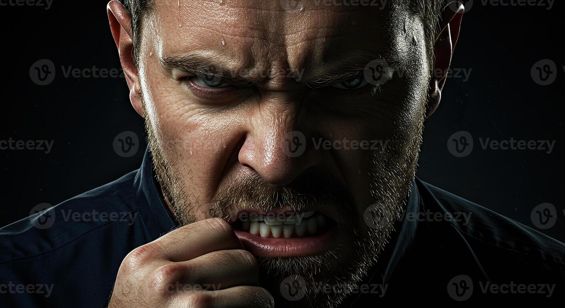 Intense portrait of a stressed man biting his fist in frustration photo