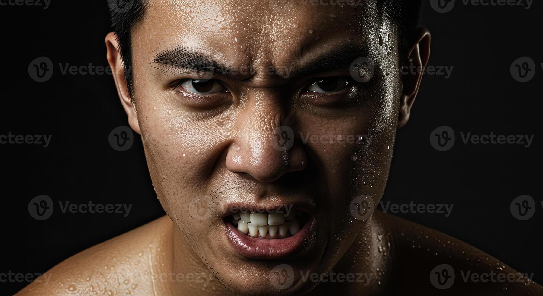 Intense portrait of sweaty angry Asian man glaring with clenched teeth photo
