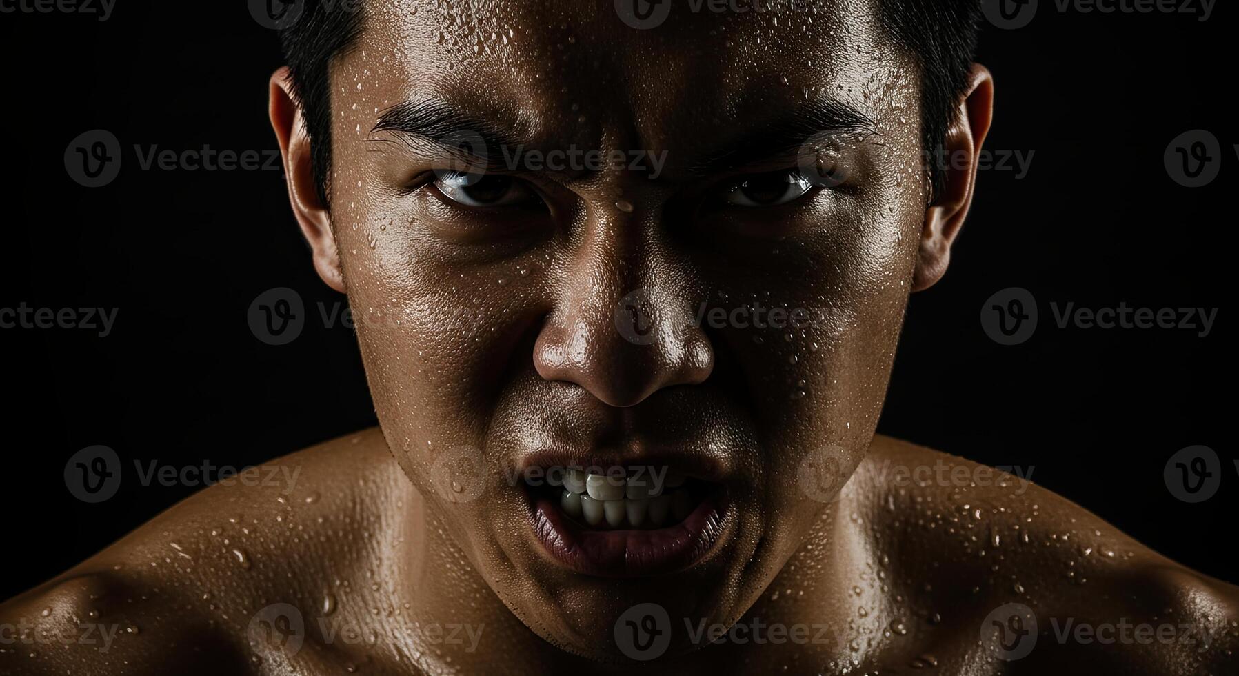 Intense portrait of sweaty Asian man with angry expression on black photo