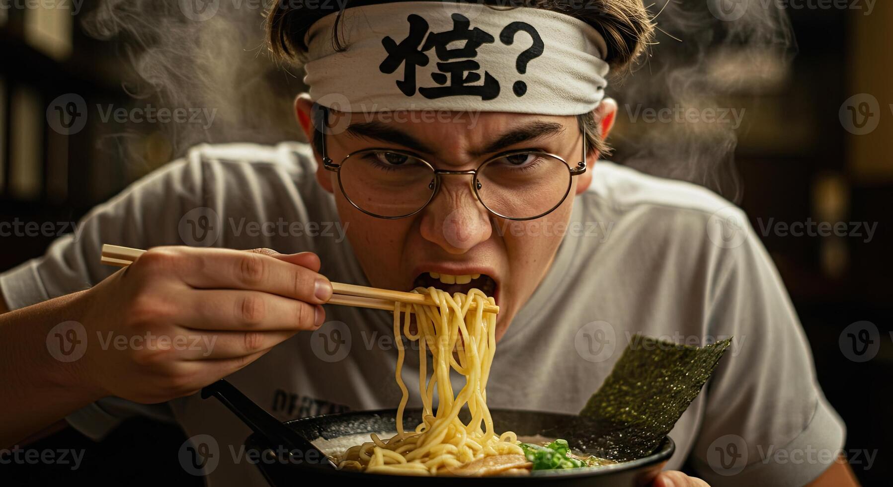Intense young man enjoying a steaming bowl of ramen with chopsticks photo