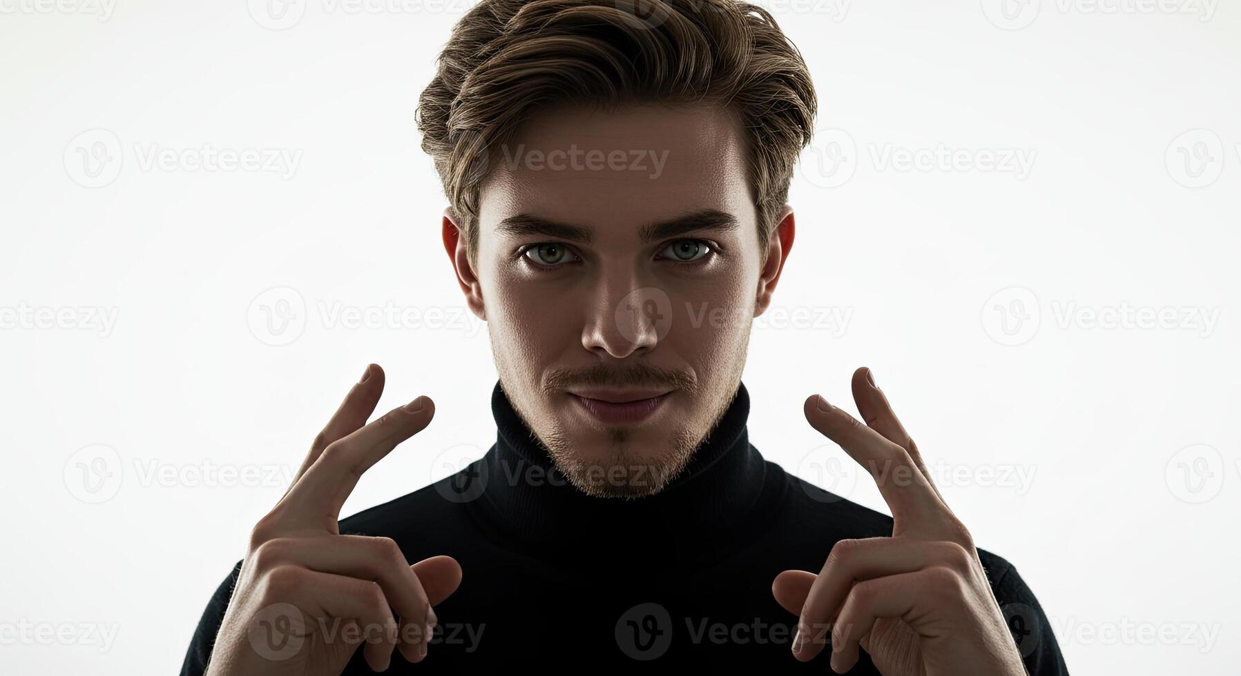 Man in black turtleneck stares intensely with fingers pointed upward photo