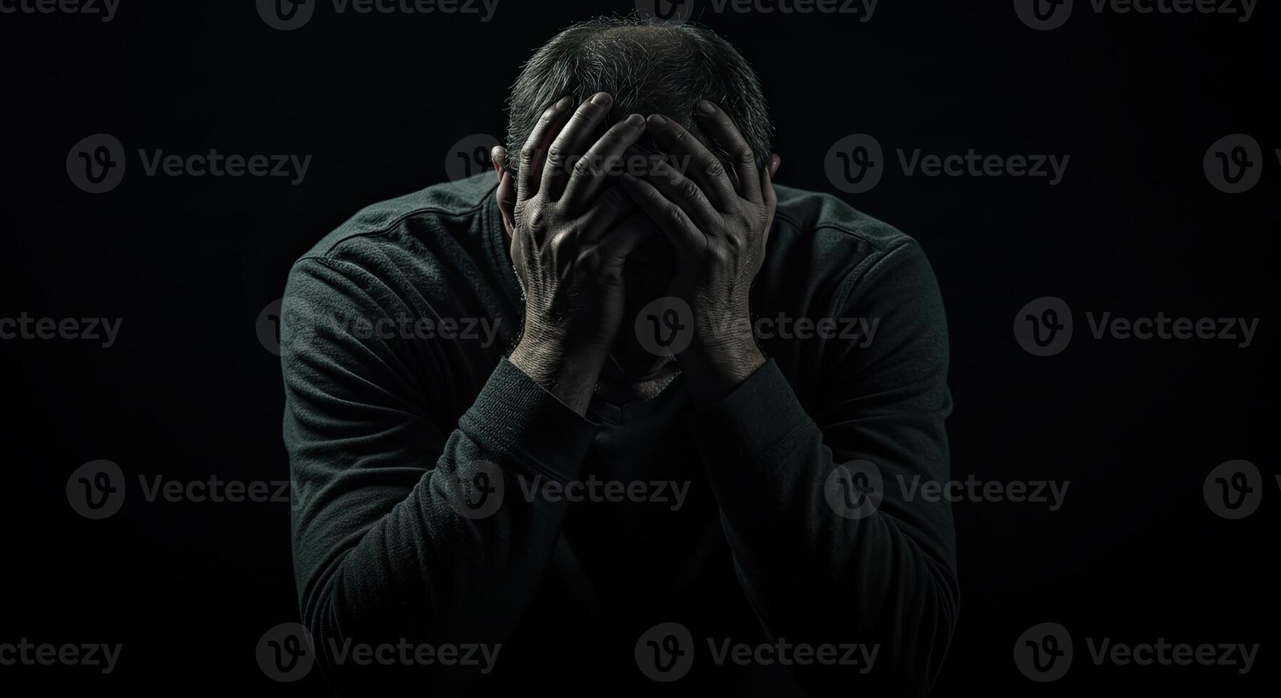 Man in despair with hands covering face expressing loneliness and sadness photo