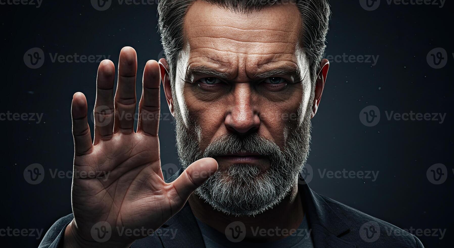 Mature man with a stern expression holding his hand up in a stop gesture photo