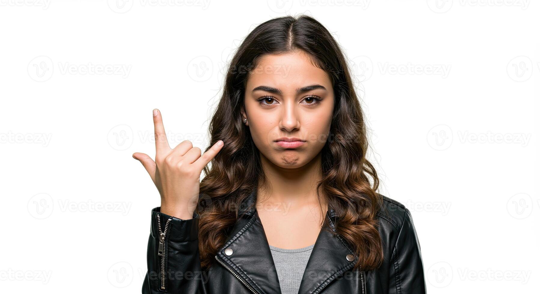 Moody young woman in leather jacket making rock and roll sign gesture photo