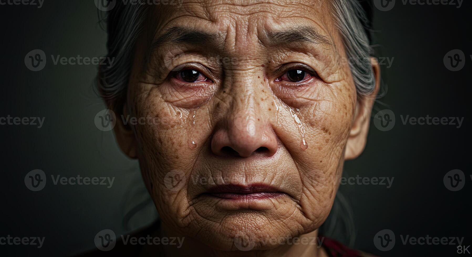 Portrait of a senior Asian woman with tears reflecting deep emotion photo