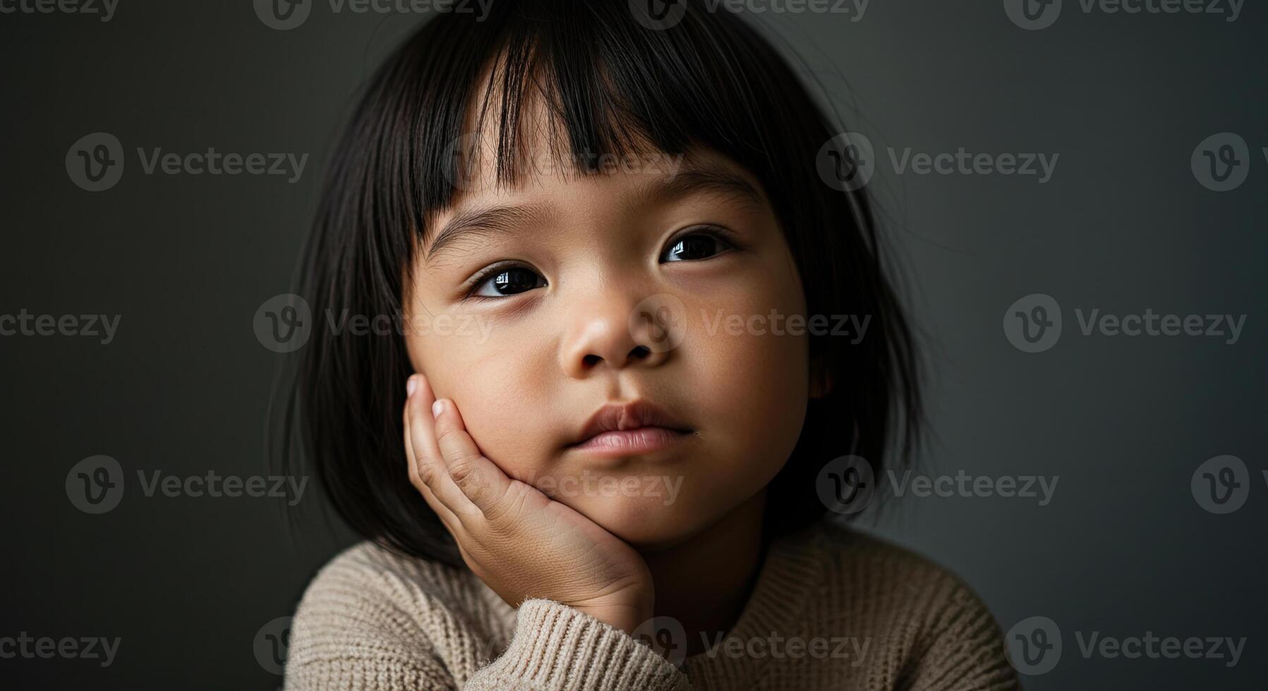 Portrait of a thoughtful Asian toddler rests her chin in her hand indoors photo