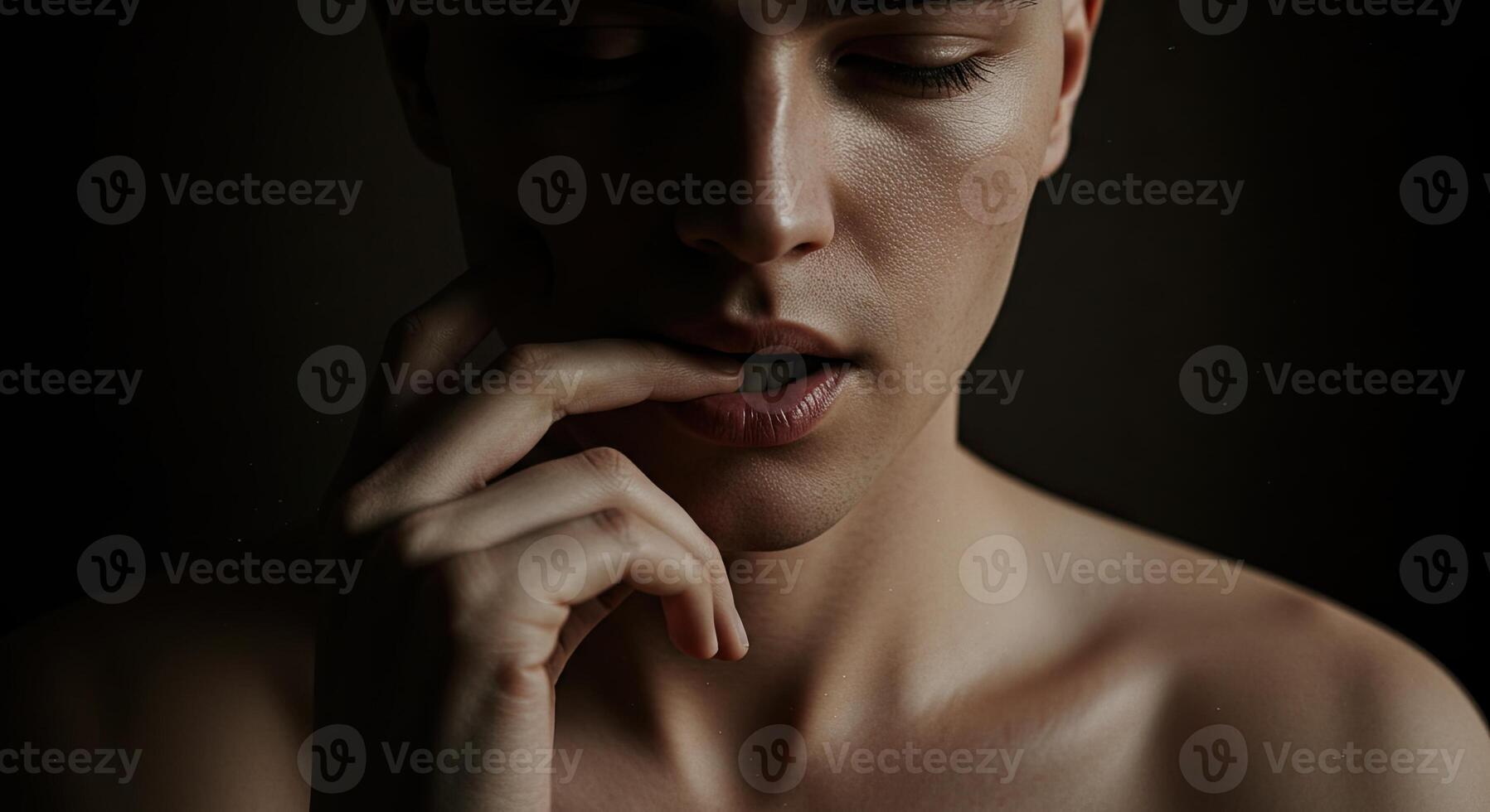 Sensual portrait of a young man biting his finger with soft lighting photo