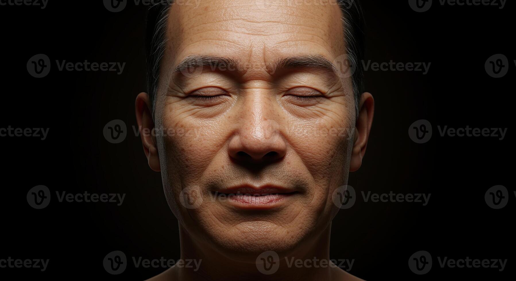 Serene Asian Man with Closed Eyes Portrait Expressing Calm and Reflection photo