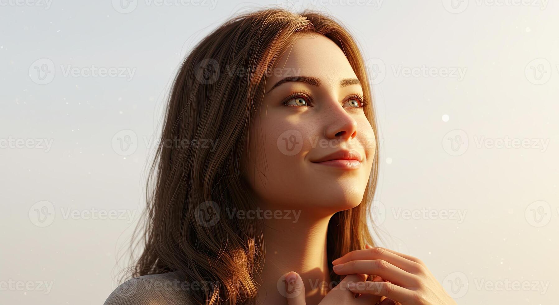 Serene young woman gazes towards the sky with a hopeful expression outdoors photo