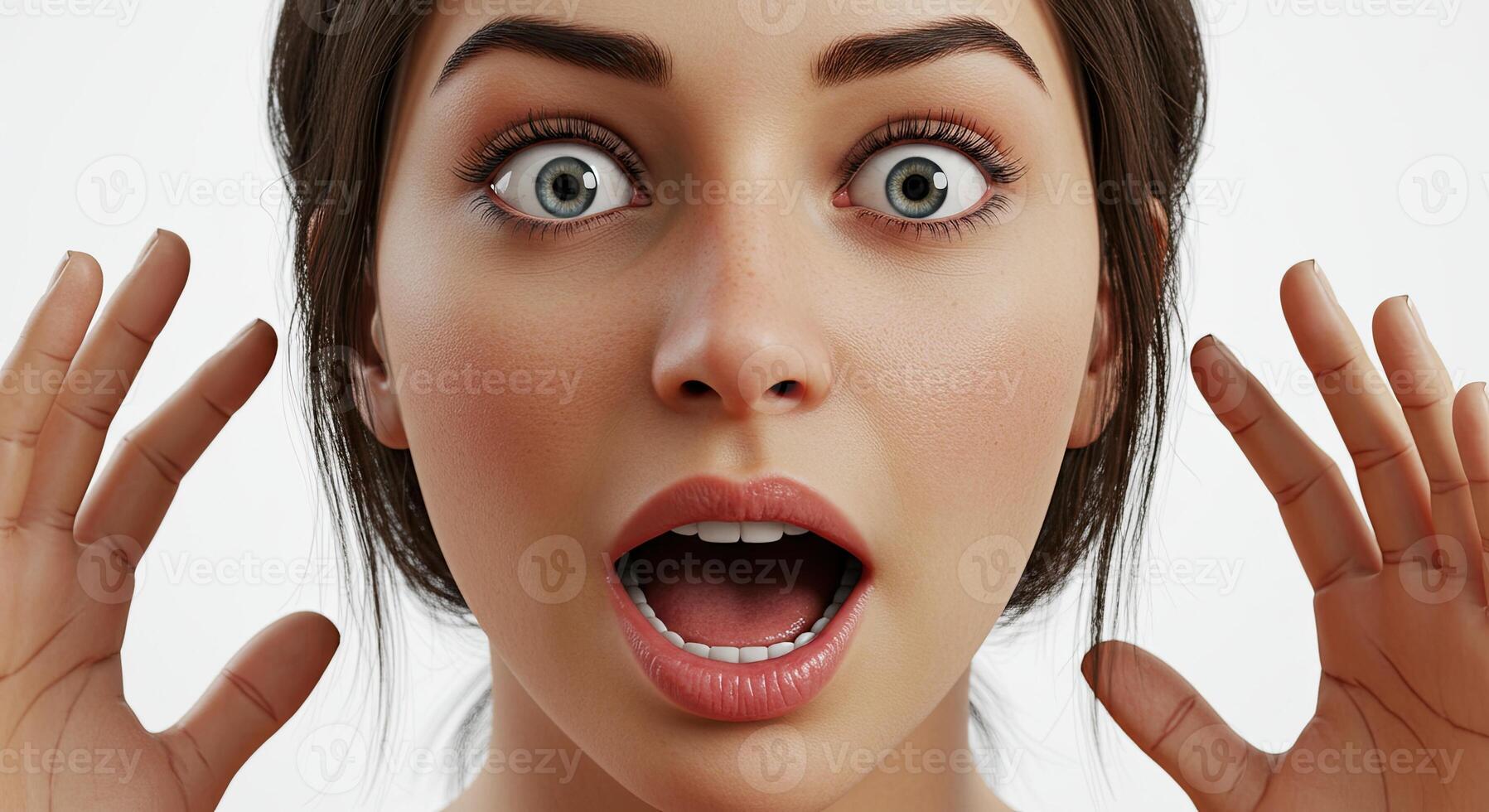 Shocked woman with hands up expressing surprise and wide open mouth photo