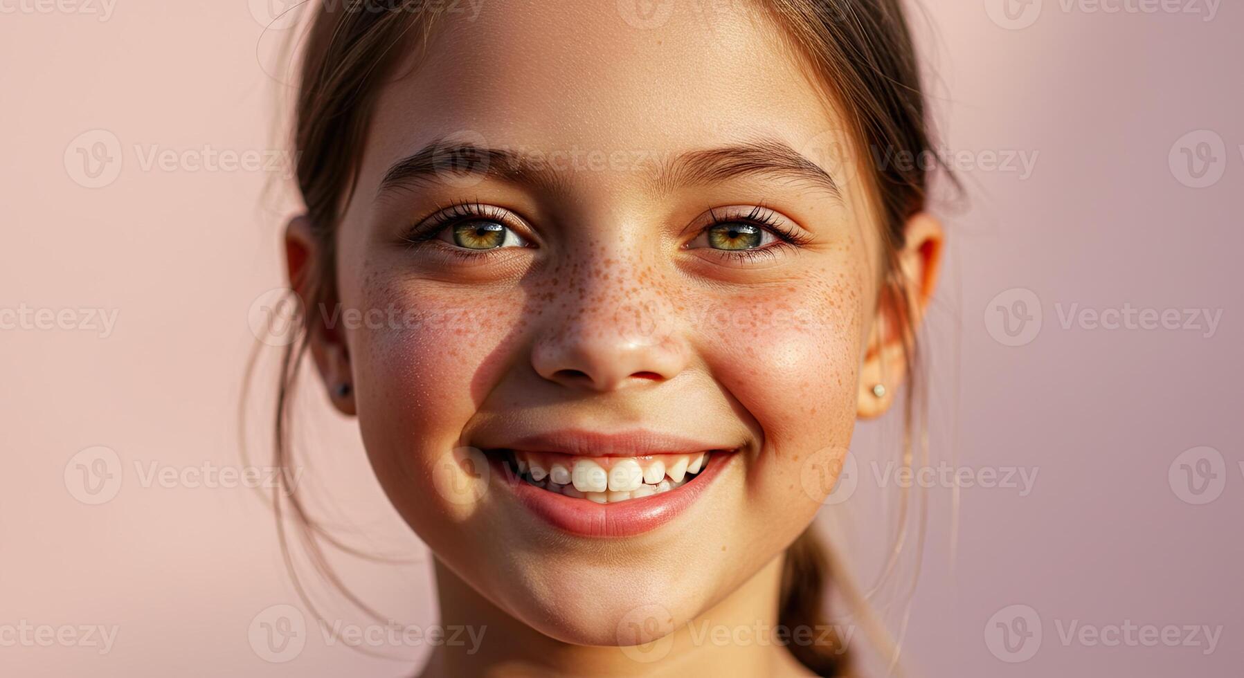 Smiling young girl with freckles radiates happiness in a close-up portrait photo