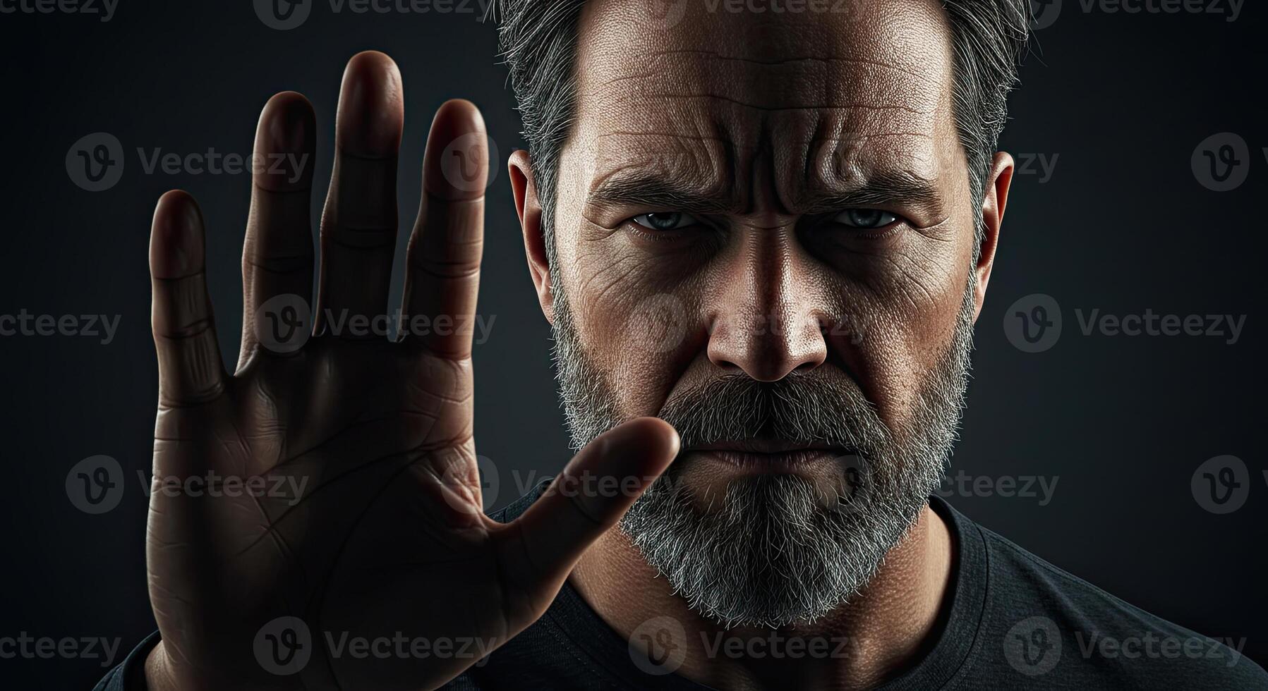 Stern mature man with hand raised signaling stop facing the viewer headshot photo