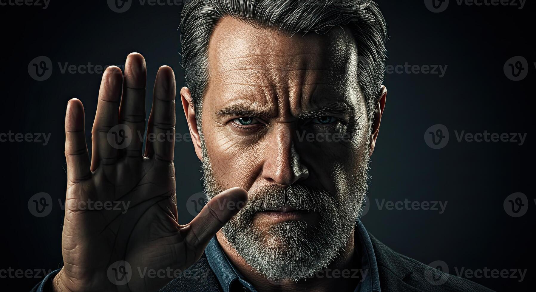 Stern mature man gesturing stop with his hand portrait dramatic lighting photo