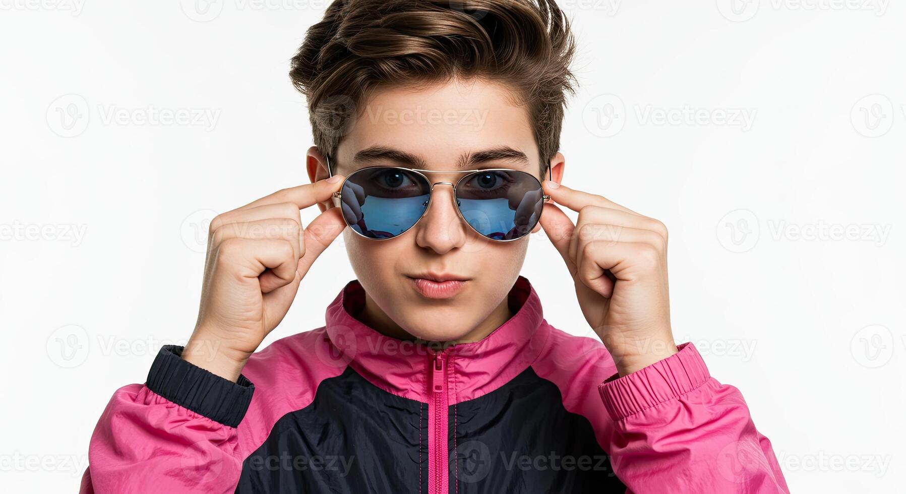 Stylish young boy adjusts sunglasses with confidence and retro vibe photo