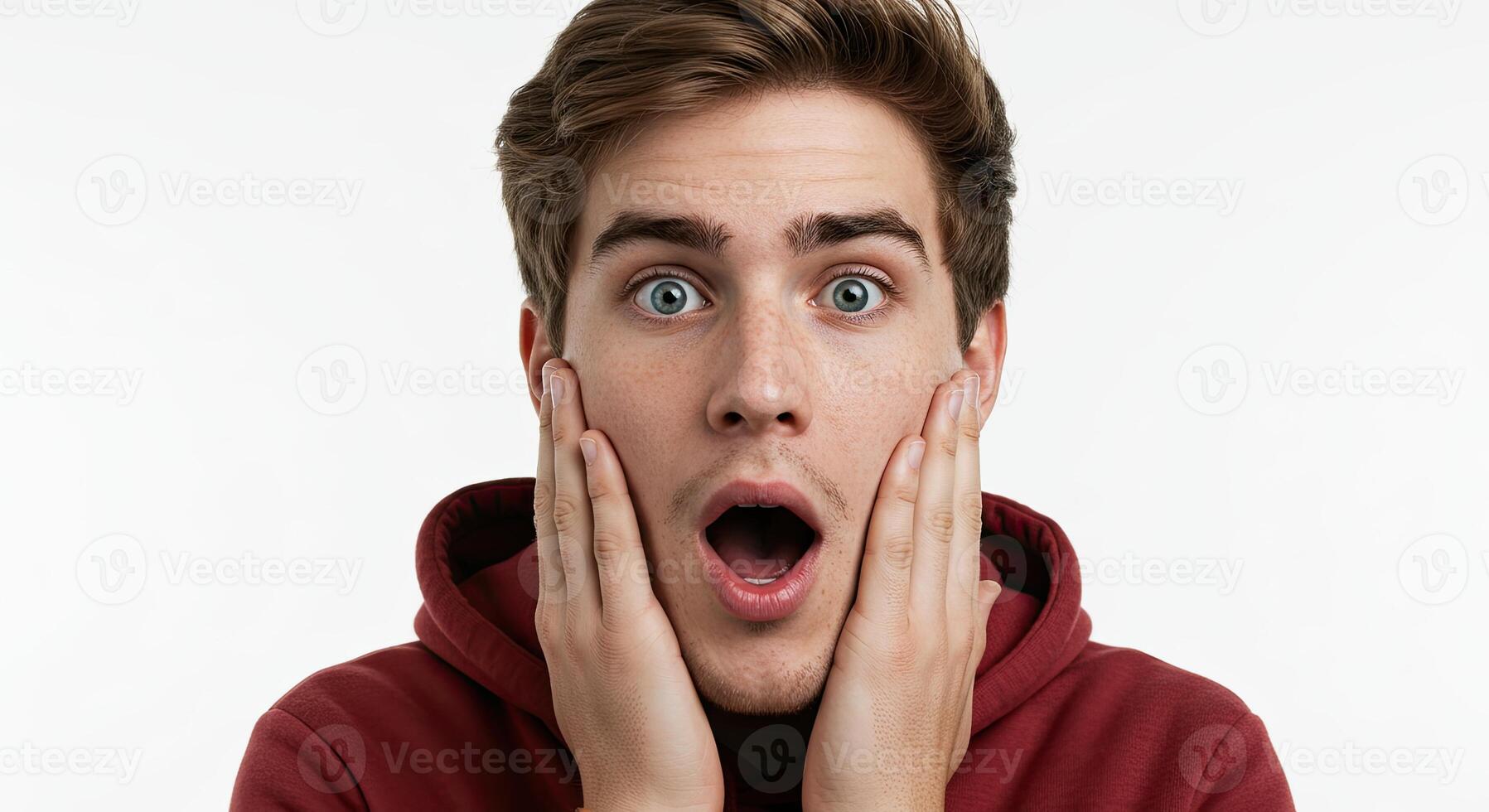 Surprised young man with open mouth and hands to face expressing shock photo