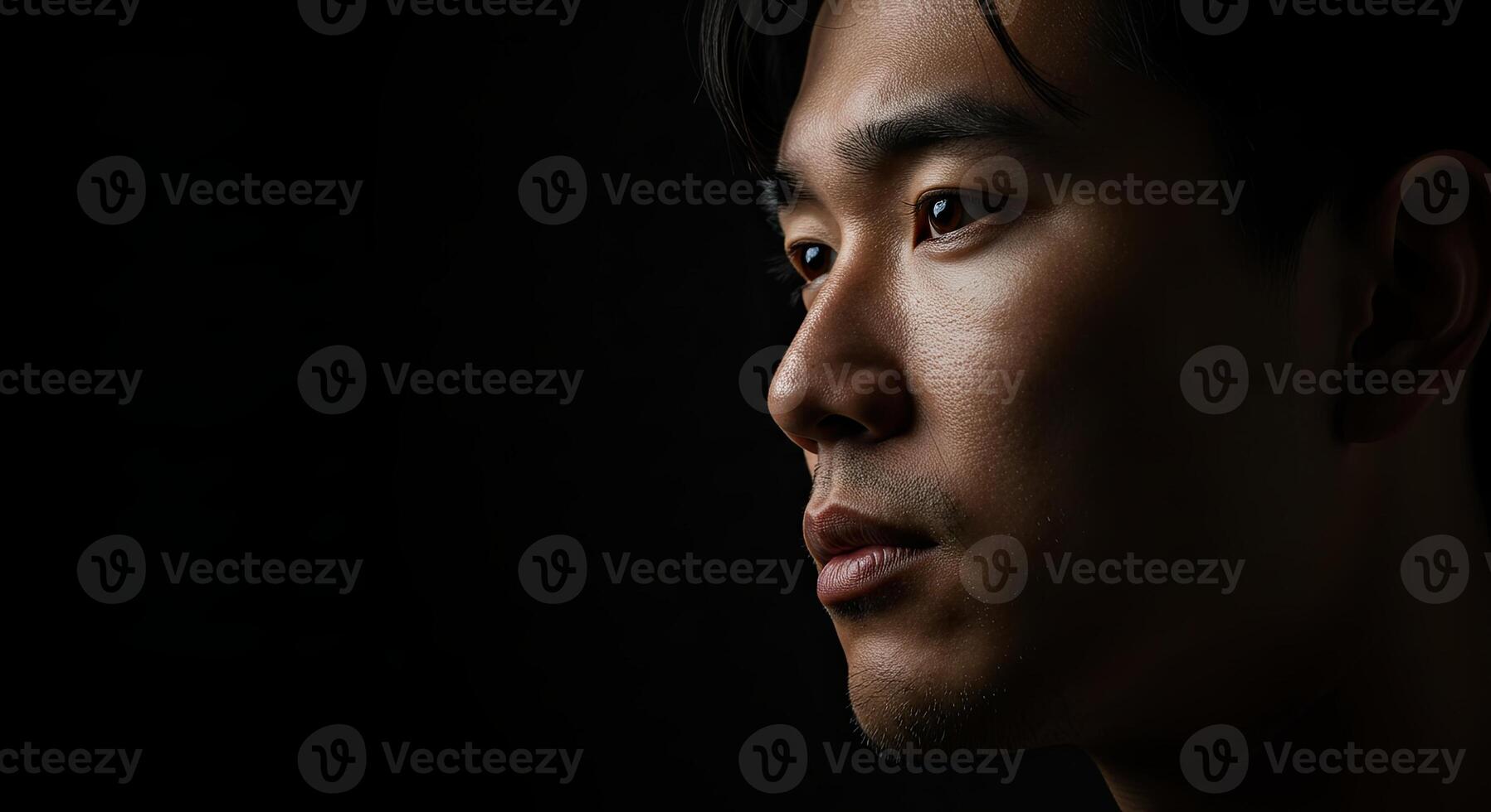 Thoughtful Asian man in profile against dark background gazing forward photo