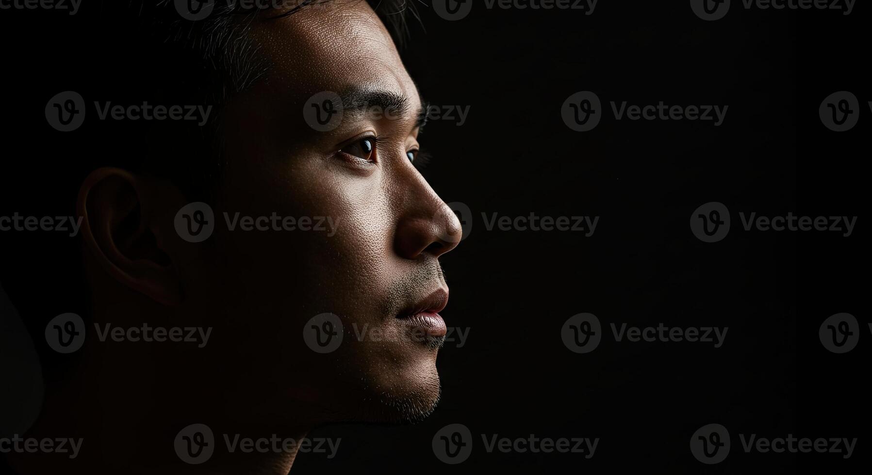 Thoughtful Asian man portrait in profile with dramatic lighting on black photo