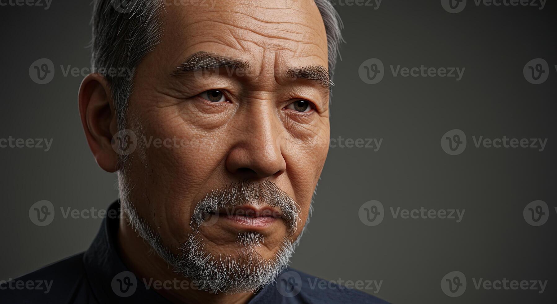 Thoughtful older Asian man with graying beard poses in a studio shot photo