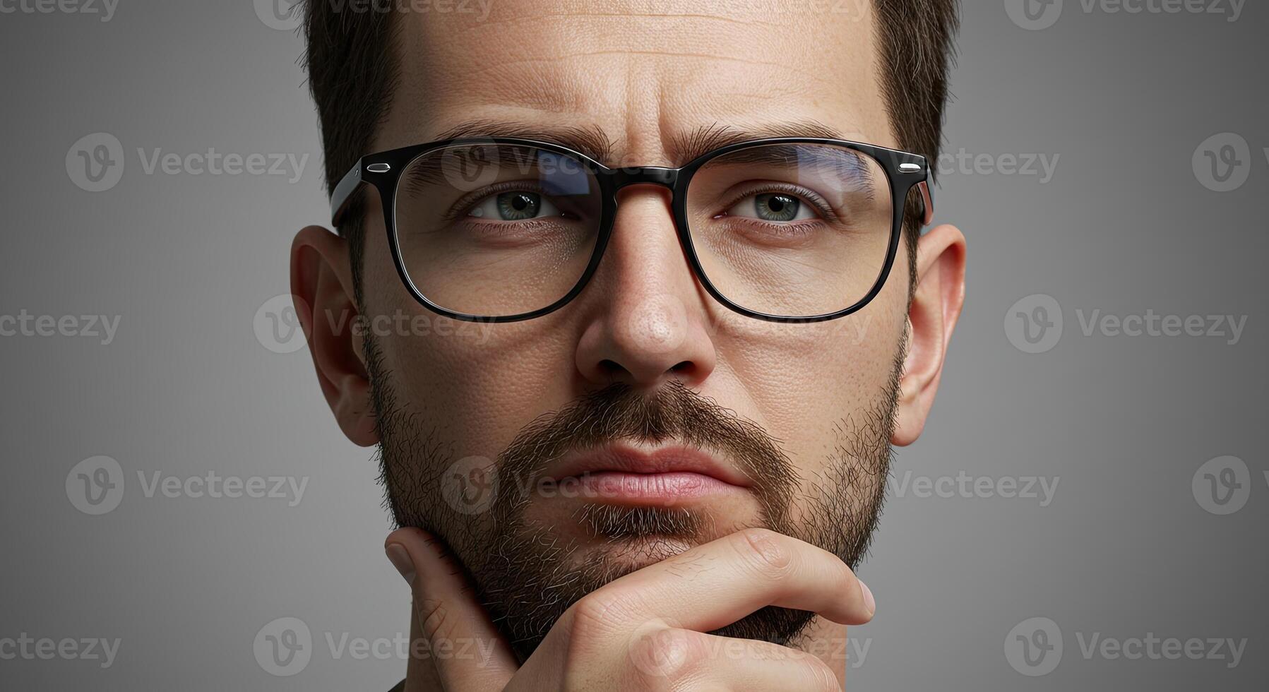 Thoughtful man with glasses ponders a decision with a serious expression photo