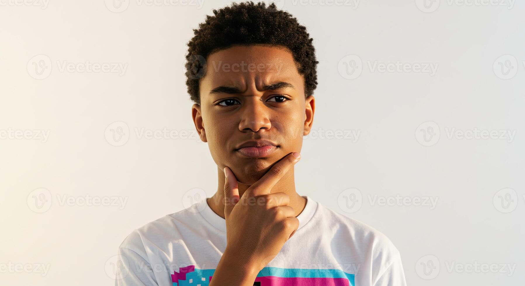 Thoughtful young African American man pondering a problem with hand on chin photo