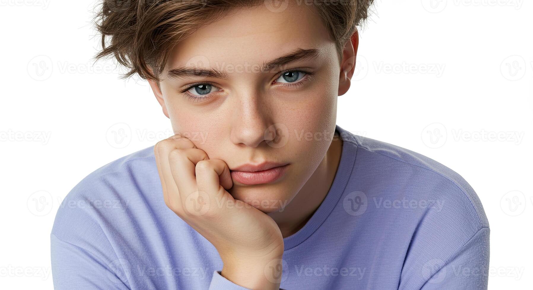 Thoughtful young teenage boy resting his face on his hand portrait photo