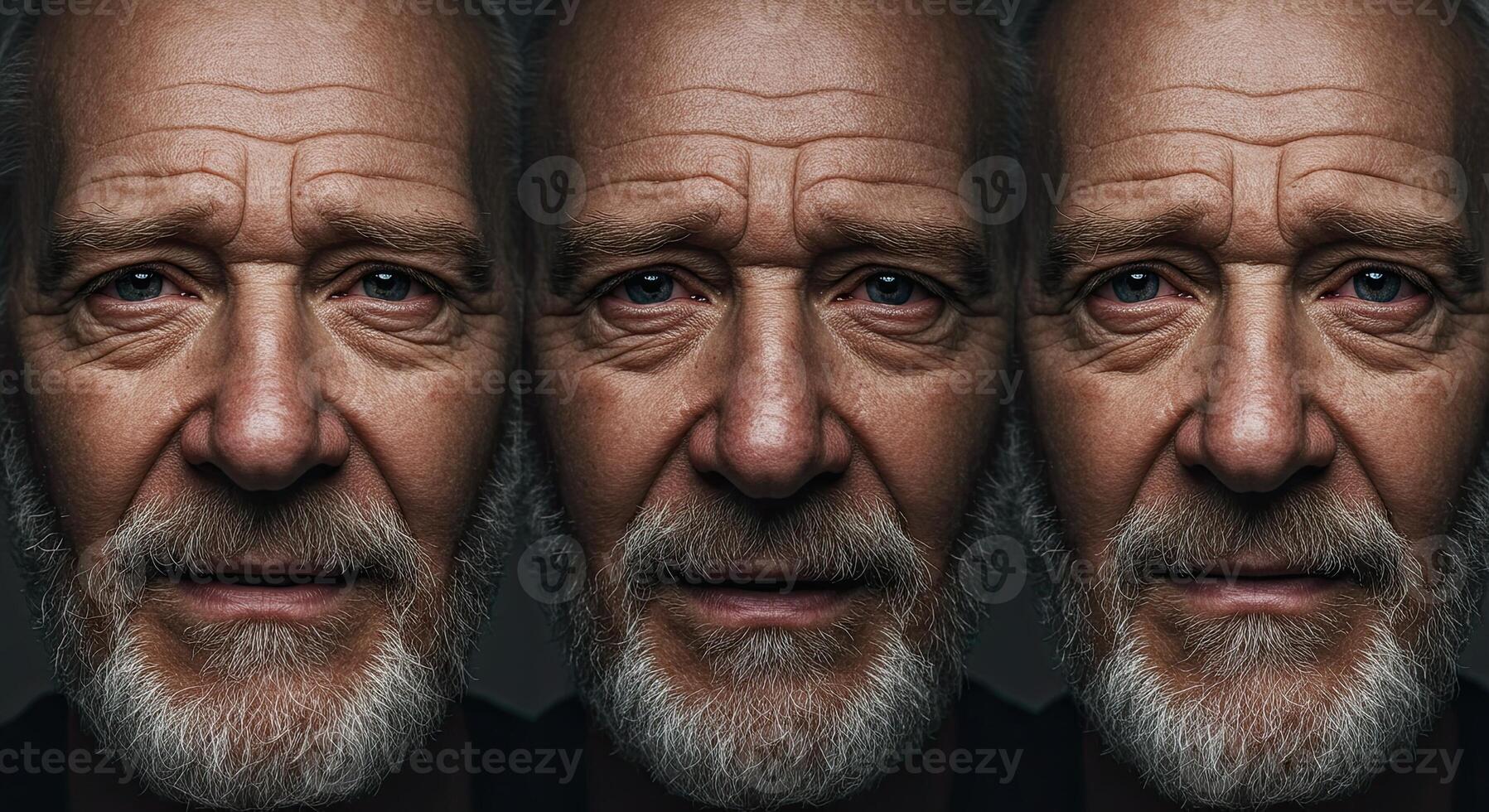 Triple portrait of an elderly man with a beard reflecting worry and age photo