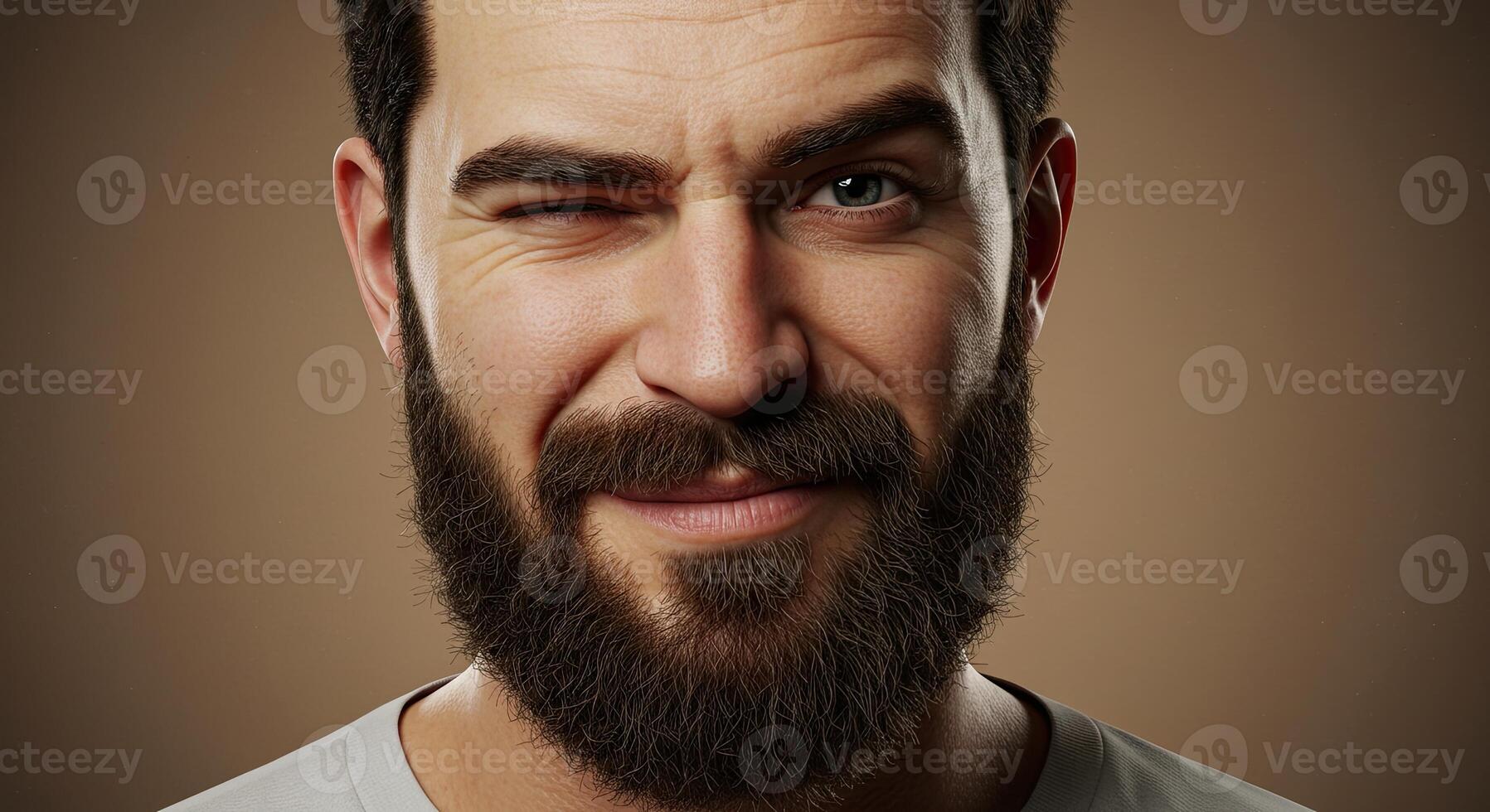 Winking bearded man with a playful expression against a neutral backdrop photo