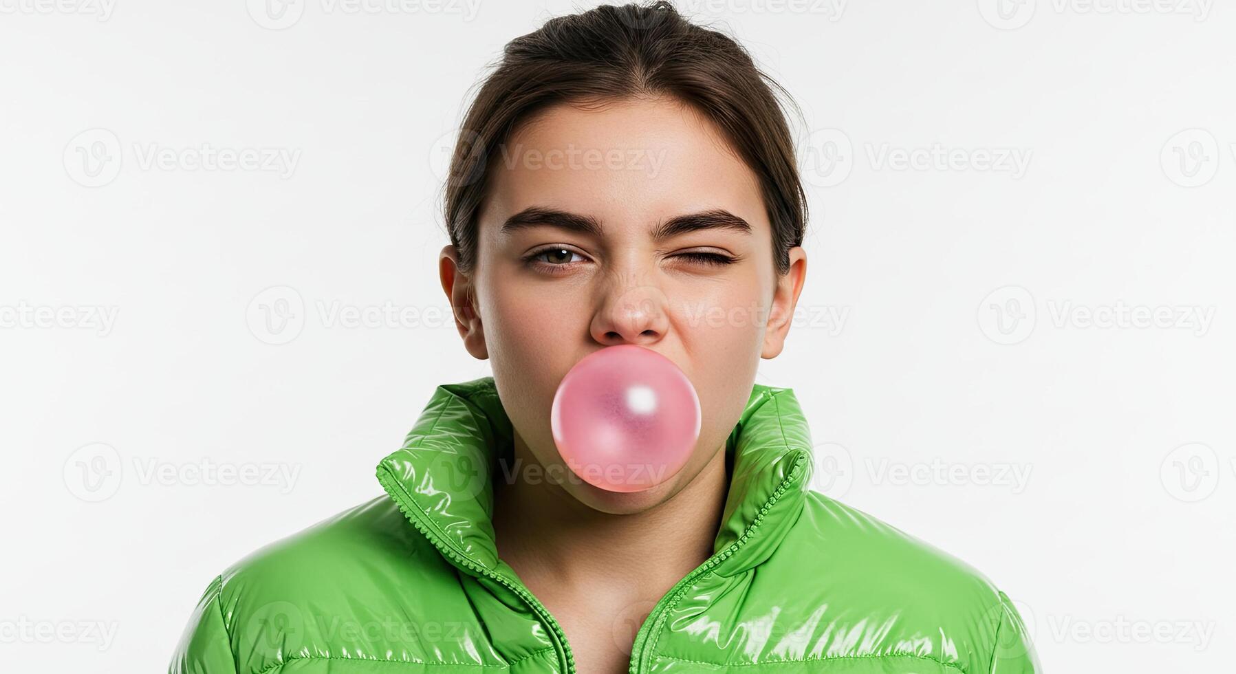 Winking Teen Girl Blowing Bubble Gum Wearing Puffer Jacket in Studio Shot photo