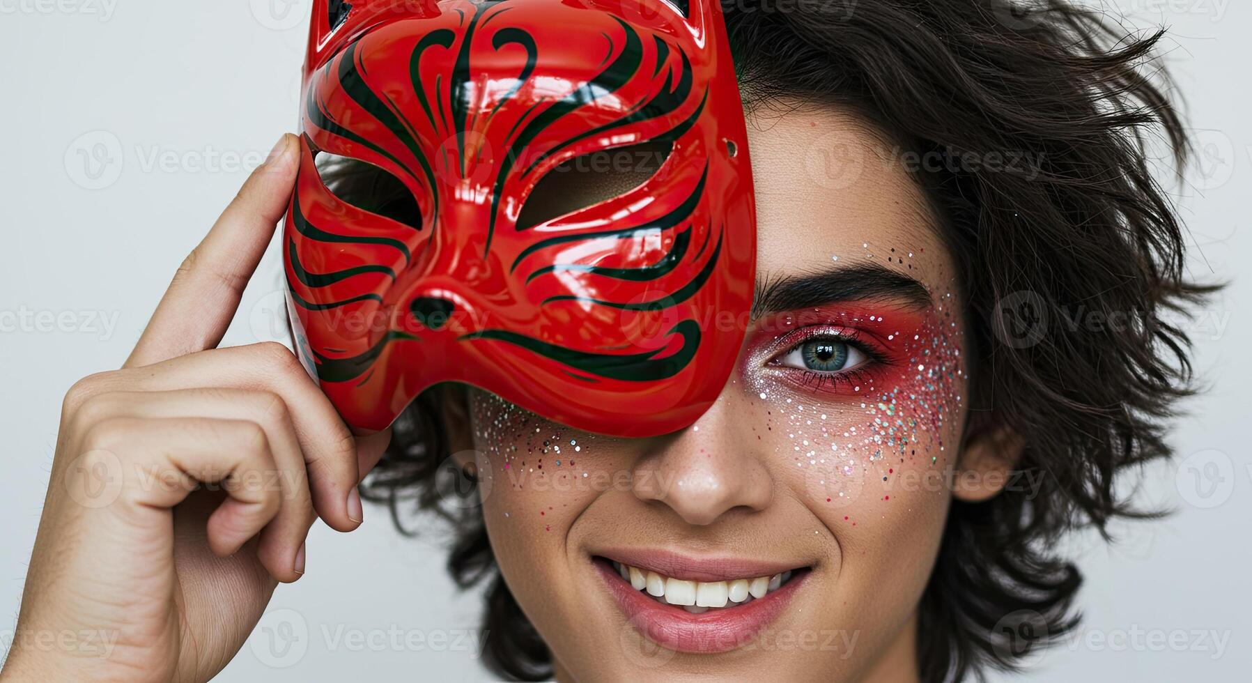 Woman with creative makeup and red fox mask for Halloween celebration photo