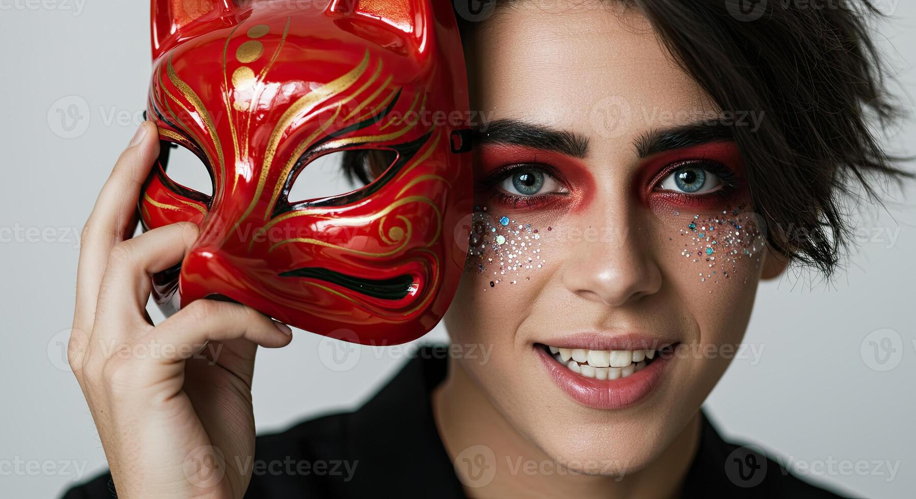 Woman with red makeup and glitter holding Japanese fox mask smiling bright photo