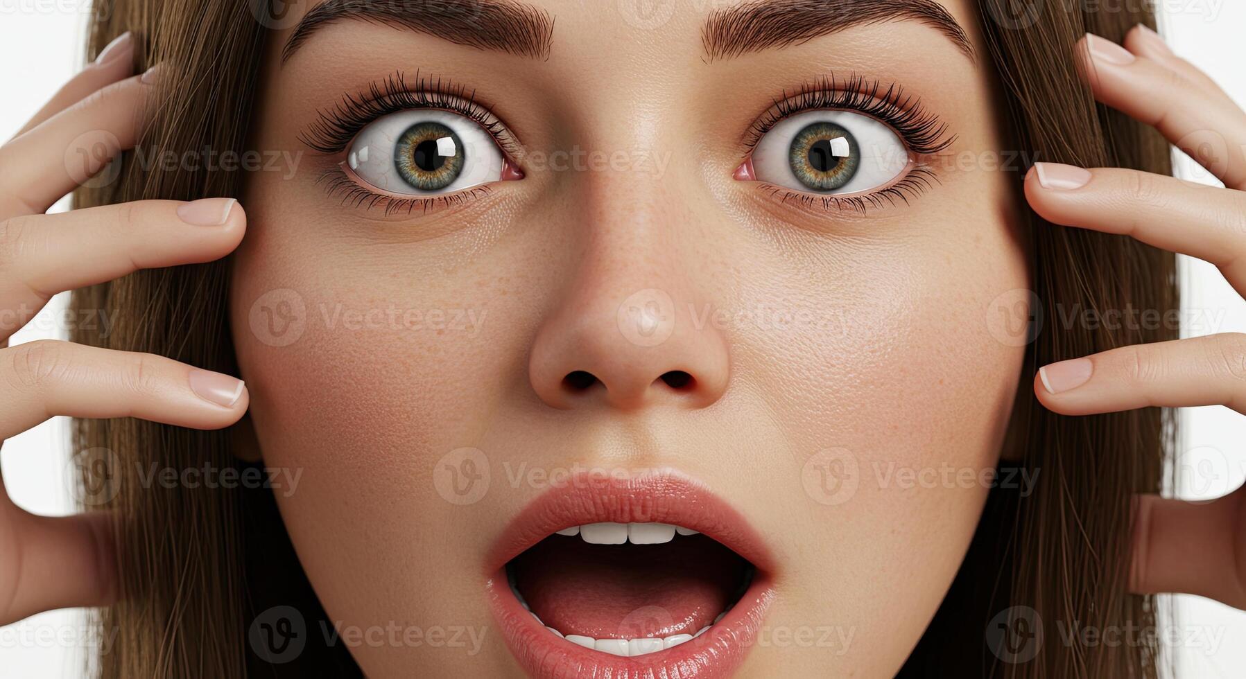 Woman with shocked expression clutching face in surprise and disbelief photo