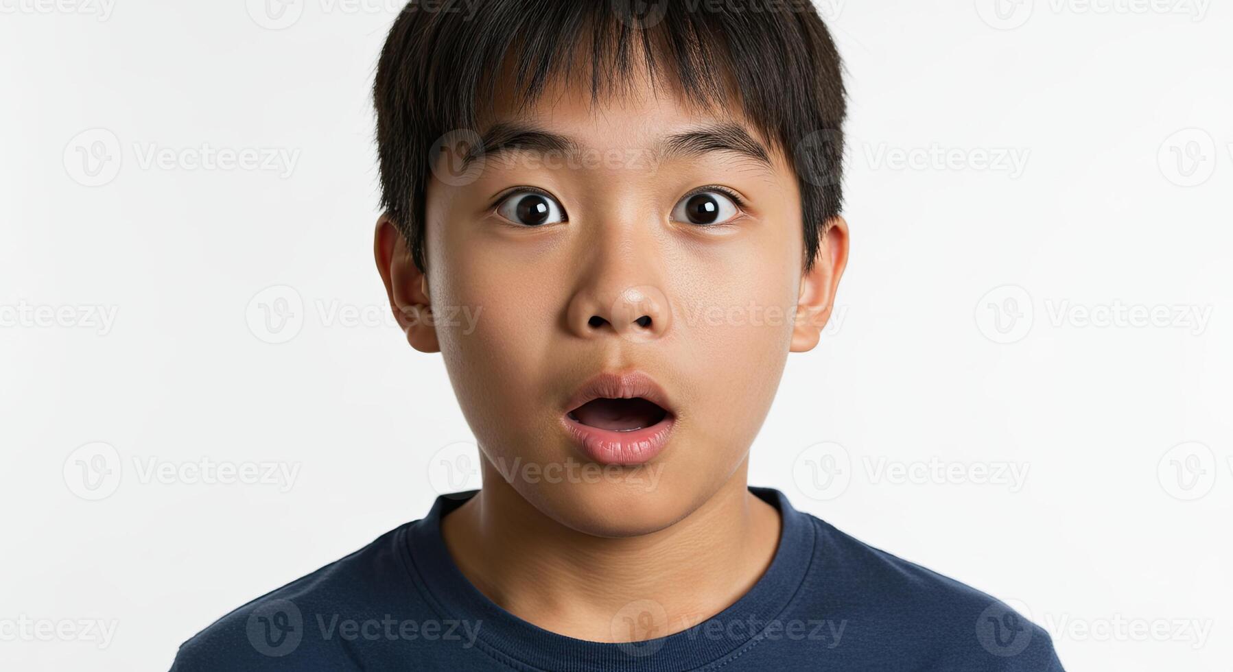 Young Asian boy with surprised expression on face against white background photo
