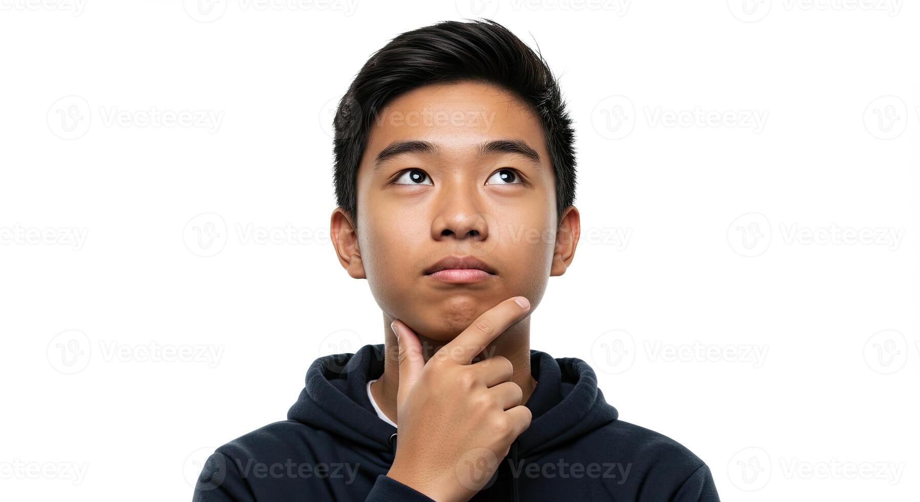 Young Asian man in hoodie thoughtfully considers a problem looking up photo
