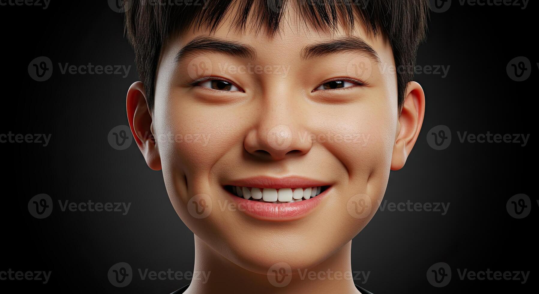Young Asian man with dimples smiling joyfully in a close up shot photo