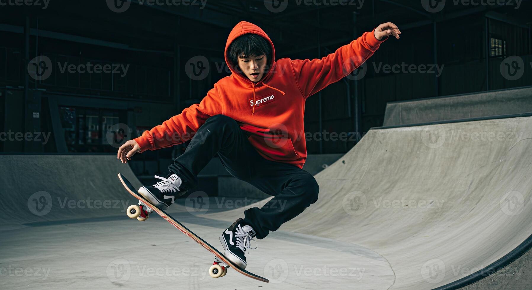 Young Asian skateboarder performing a trick in urban skatepark setting photo
