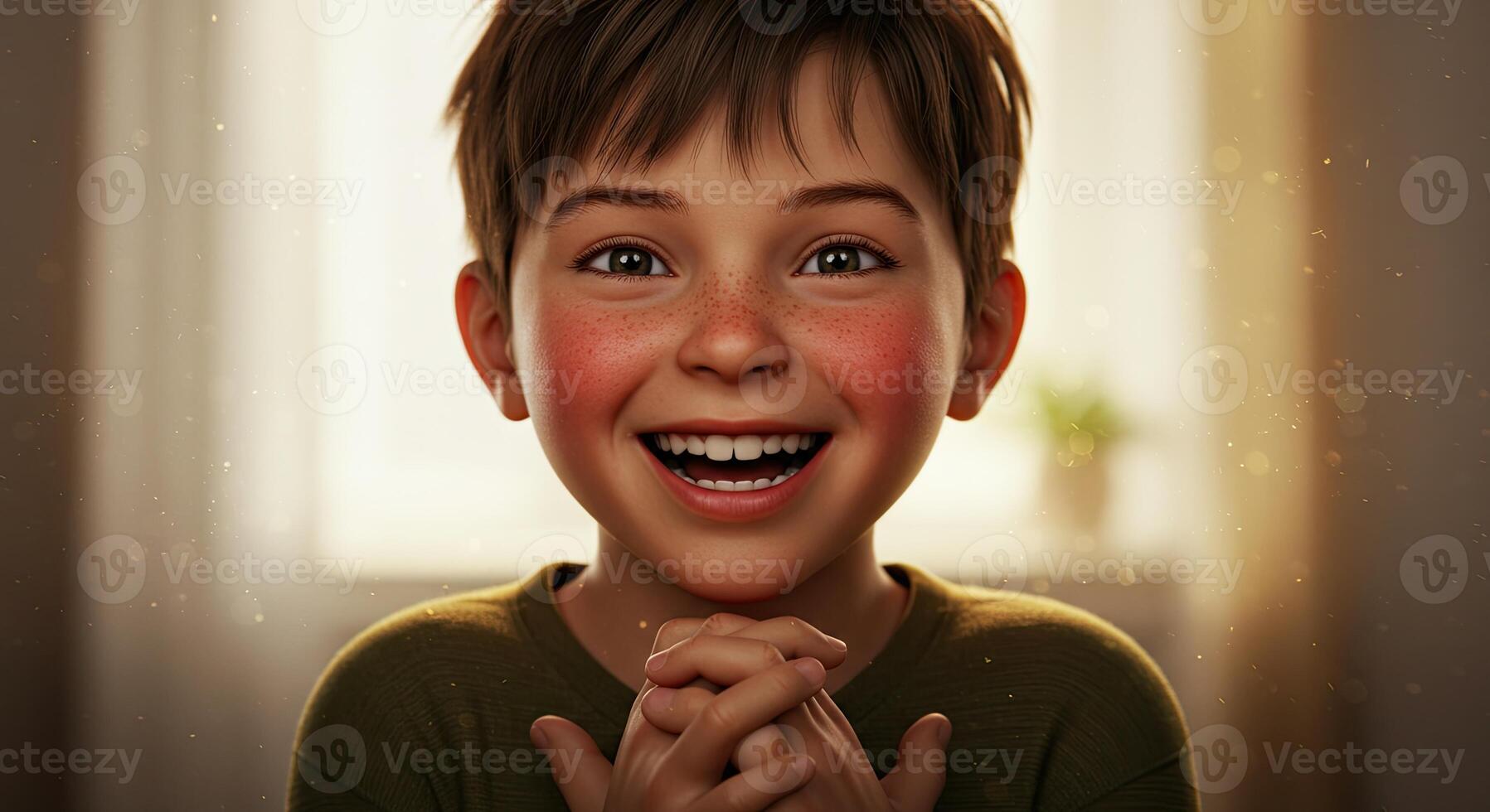 Young boy with freckles smiles with hopeful expression in a warm setting photo