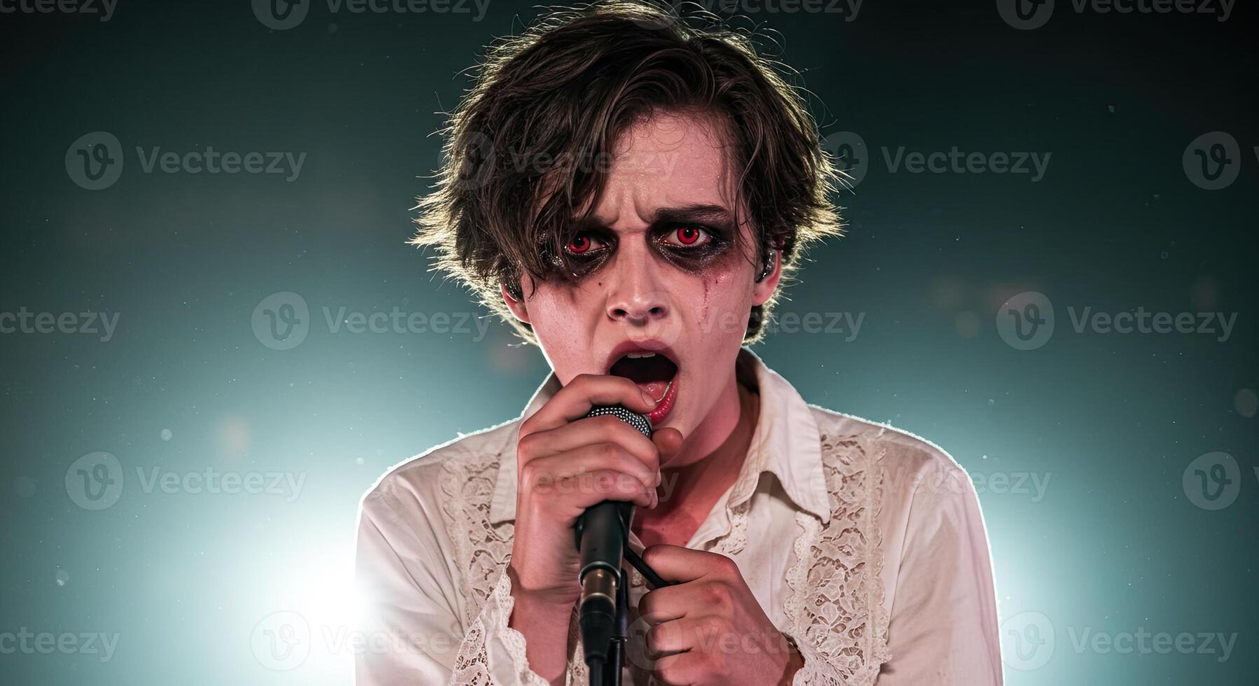 Young male singer with red eyes singing on stage with intense emotion photo
