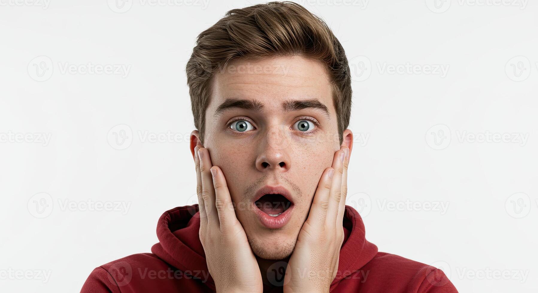 Young man expresses shock and surprise with hands on face portrait photo