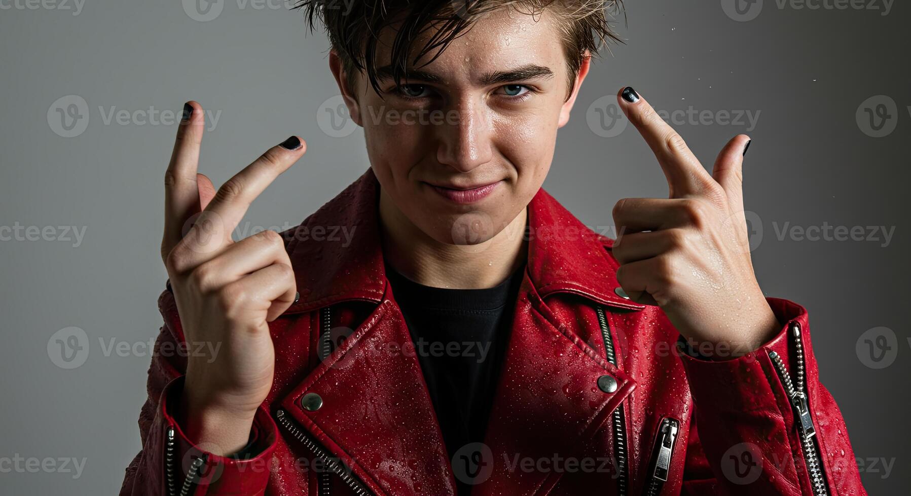 Young man in a red leather jacket strikes playful pose with painted nails photo