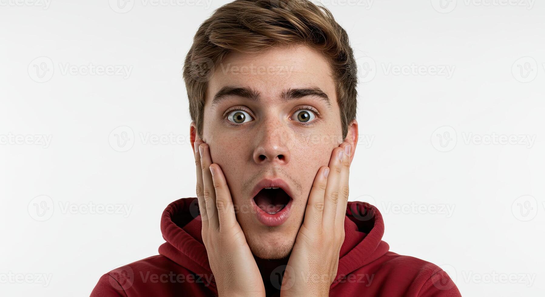 Young man with shocked expression holding face in amazement or surprise photo