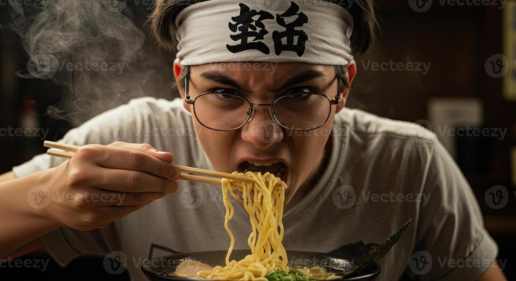 Young man with headband intensely eats hot ramen noodles with chopsticks photo