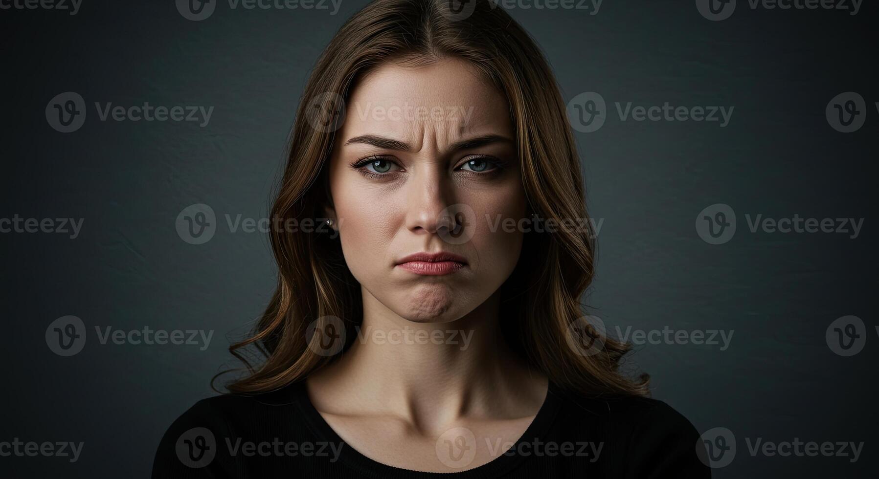 Young woman expresses discontent with furrowed brows and pouty lips photo