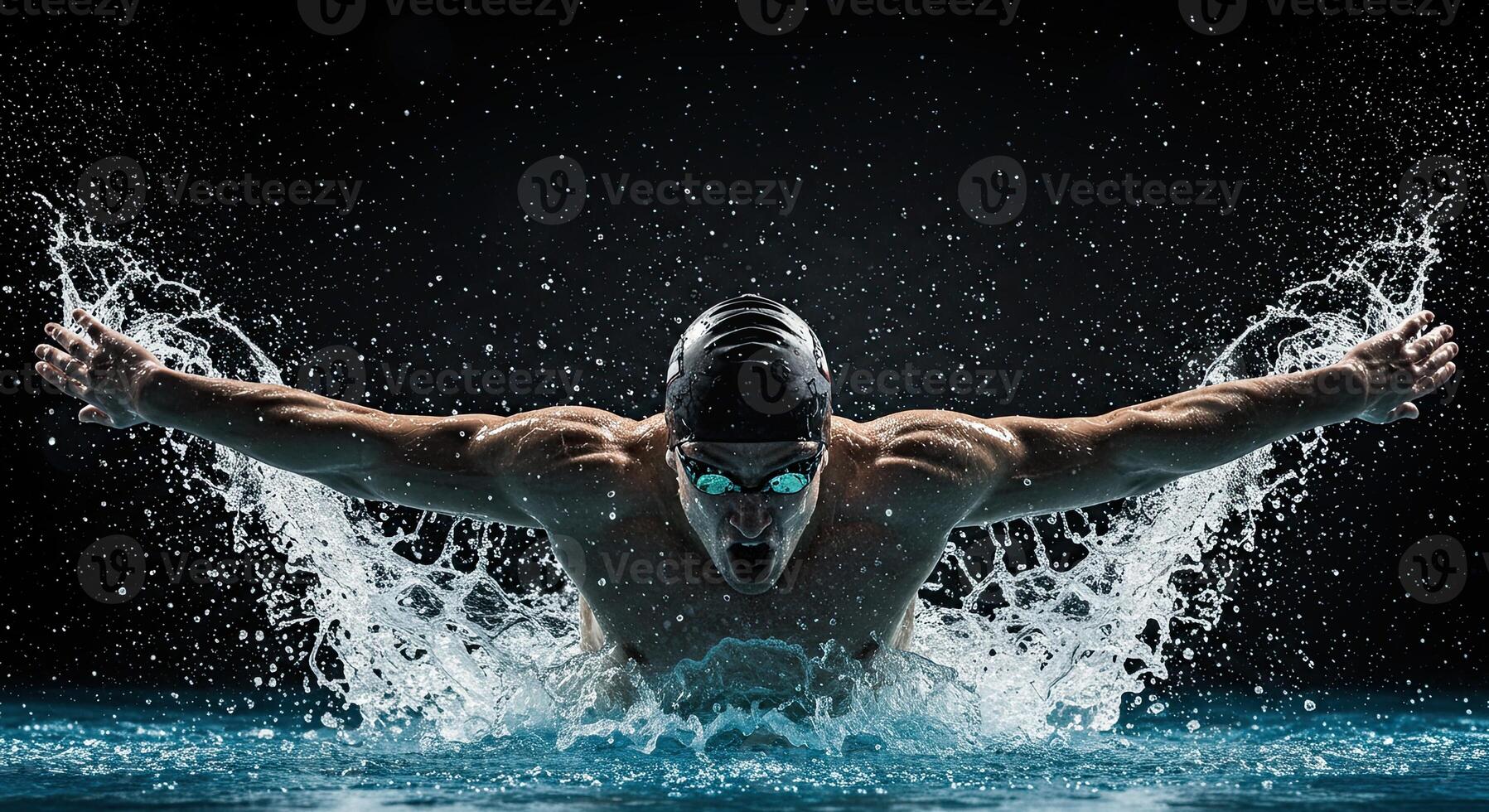 Intense butterfly swimmer powerfully emerges from water with determination photo