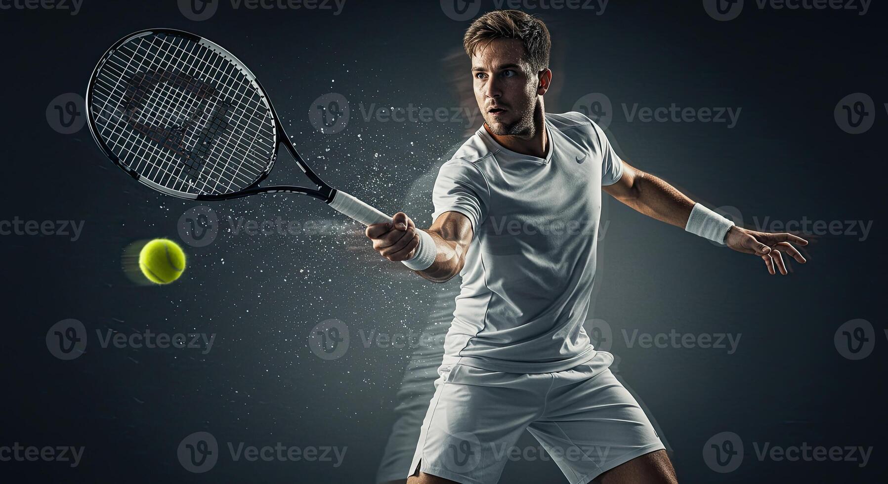Intense male tennis player in action hitting forehand with speed motion photo